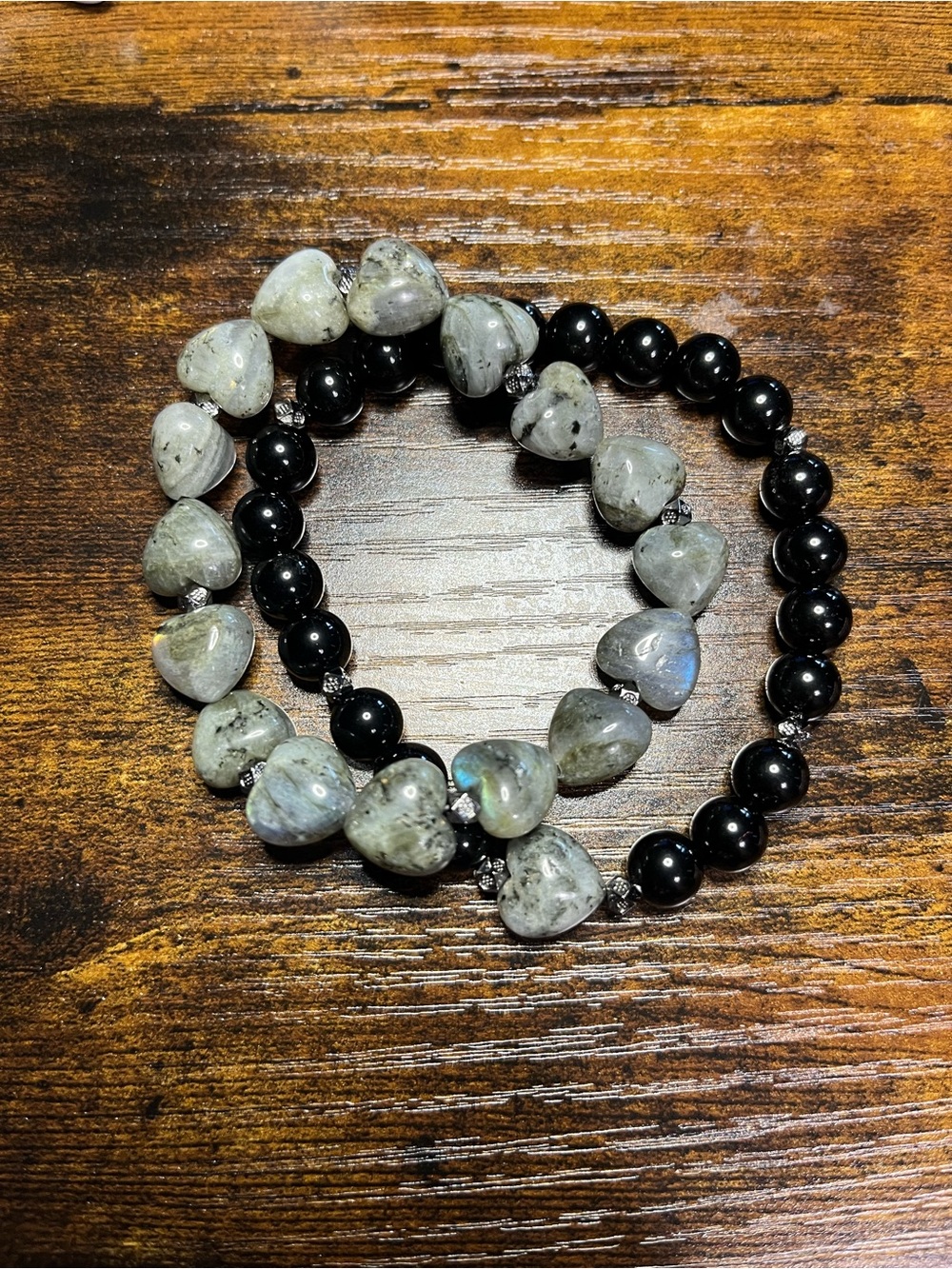 🖤 Heart Labradorite & Black Obsidian Crystal Bracelet Stack Black Copper Accents